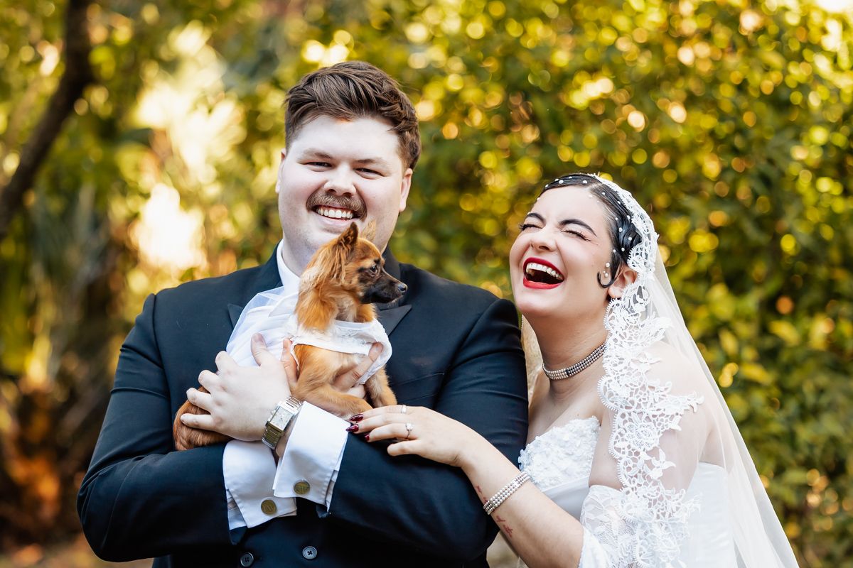 Laughing bride and groom in outdoor setting holding small brown dog dressed in wedding attire.