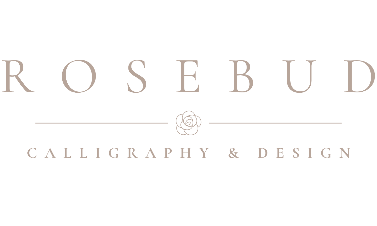 Rosebud Calligraphy and Design elegant logo with rose emblem and serif typography on a white background.