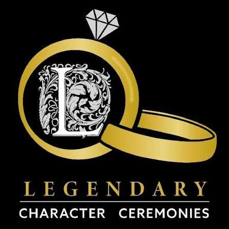Legendary Character Ceremonies logo featuring a gold wedding ring with a diamond and ornate letter L on black background.