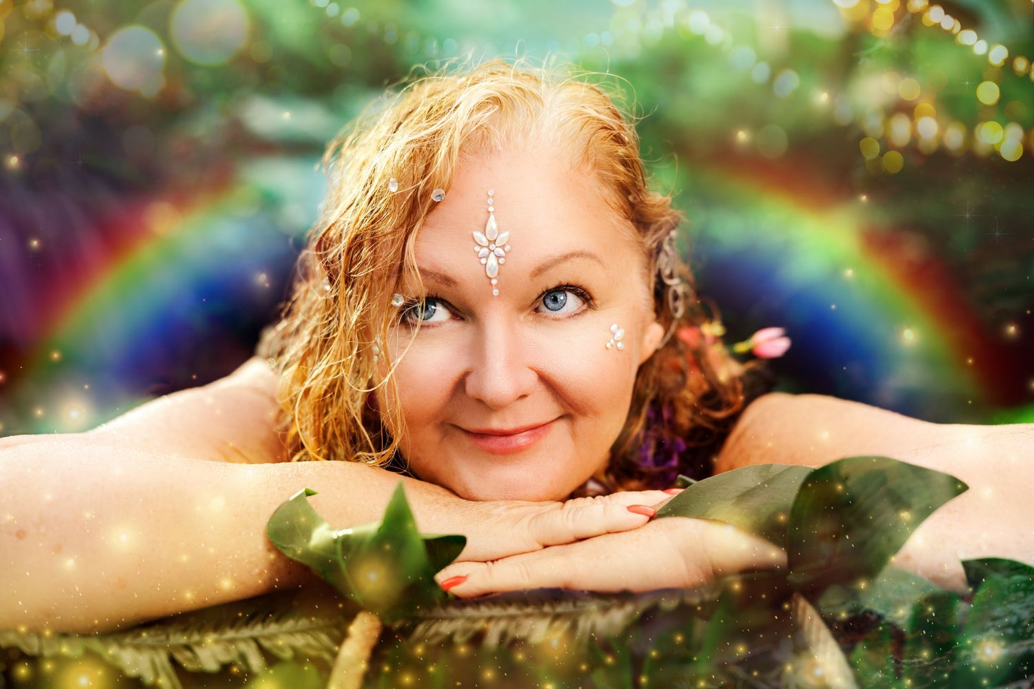 Smiling blonde woman with jeweled bindi poses in magical rainbow garden fantasy portrait photography.