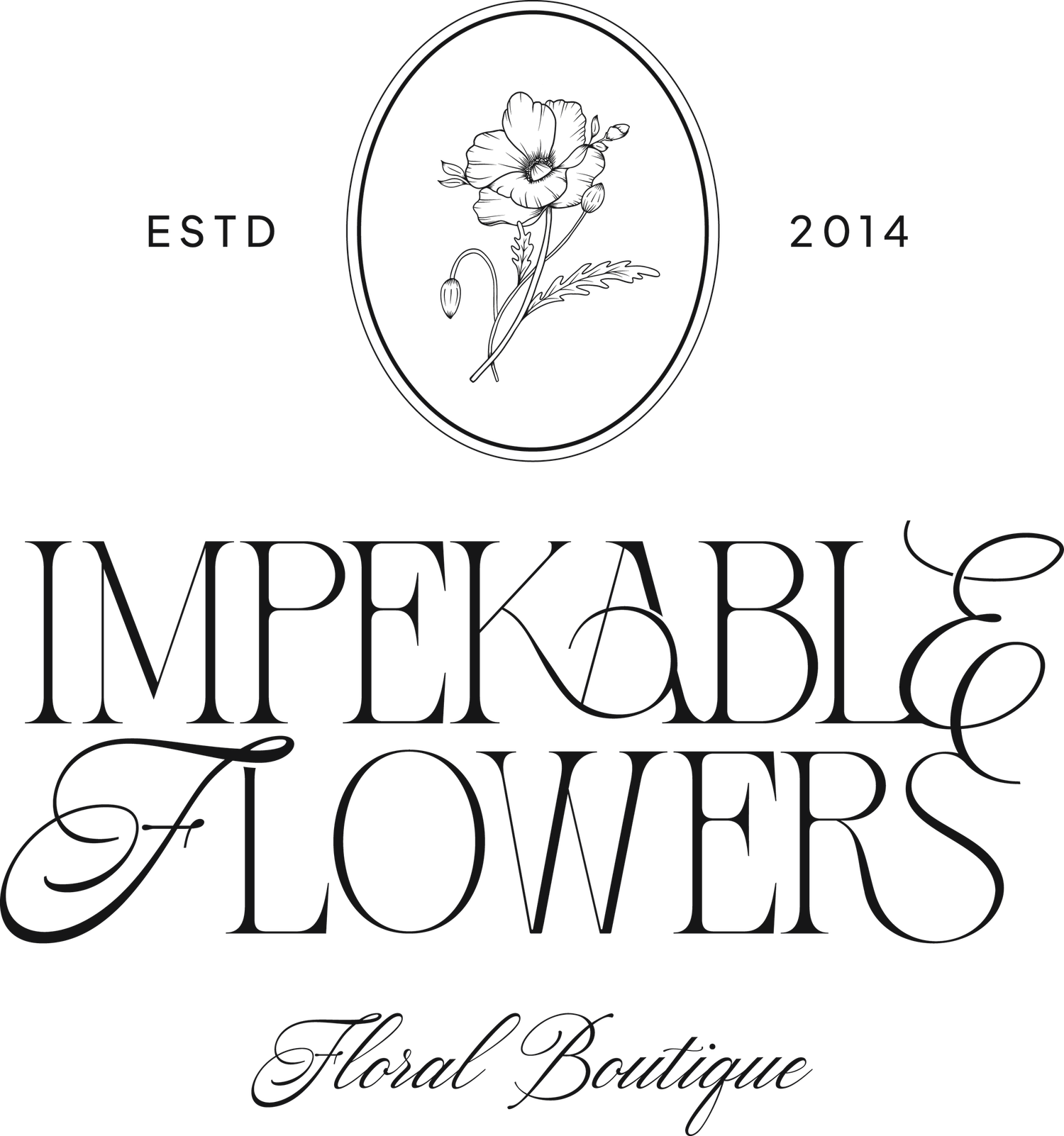 Black and white logo for Impekable Flowers Floral Boutique, established 2014, featuring elegant typography and a floral illustration.
