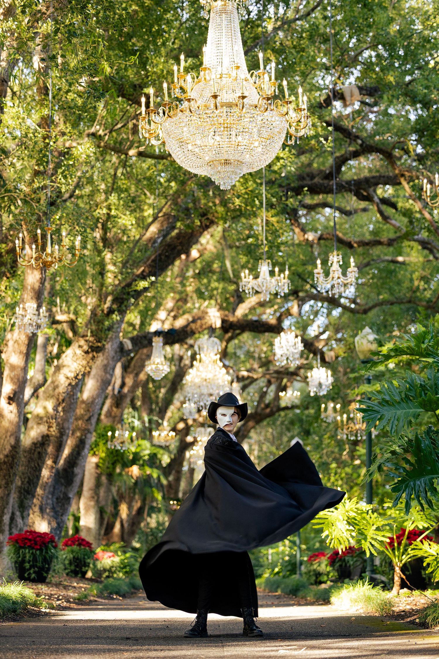 Phantom of the Opera masked figure in black cape twirling under crystal chandeliers hanging from oak trees outdoors.