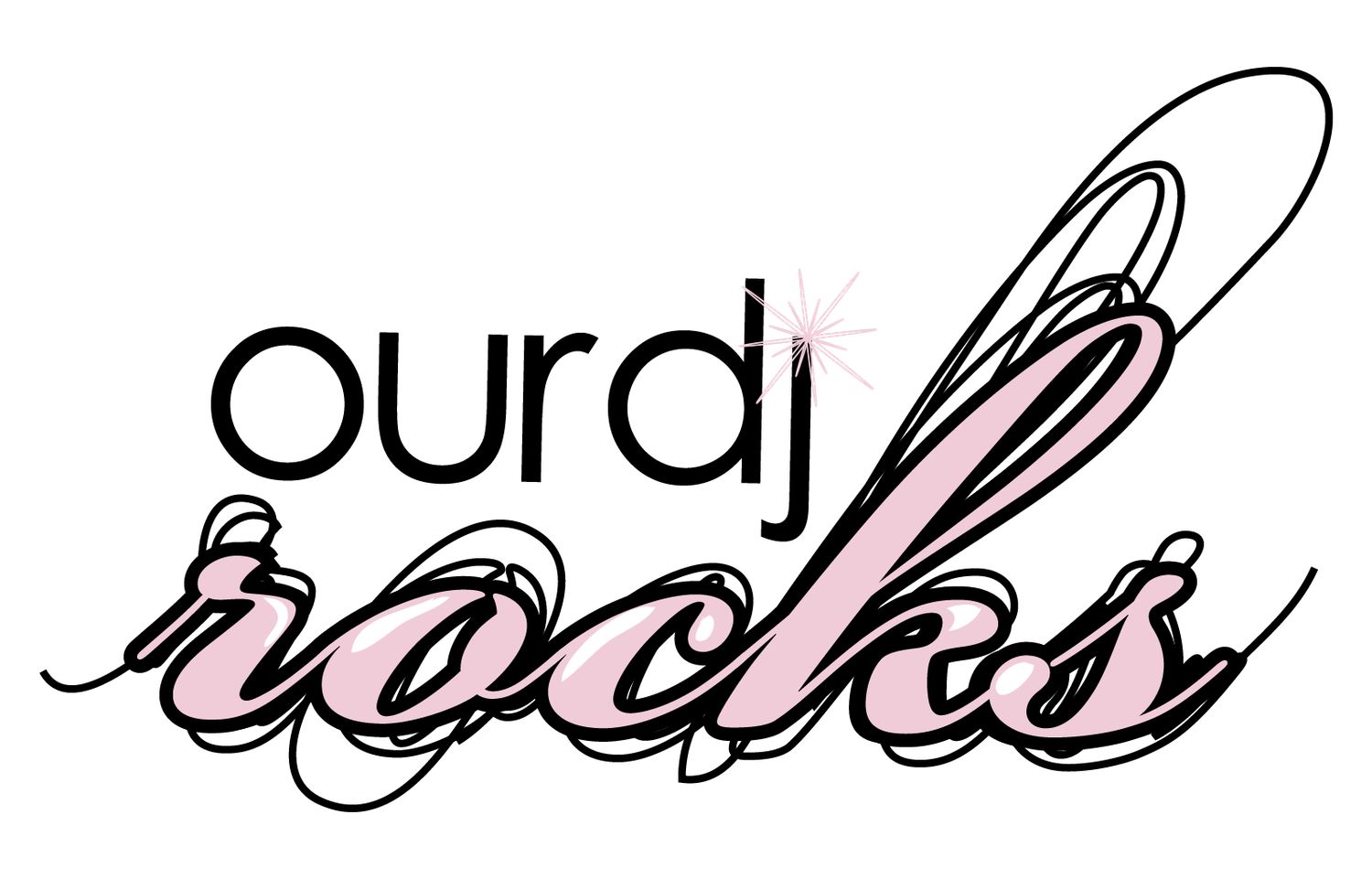 Our DJ Rocks logo featuring stylish black and pink cursive text with decorative swirls on white background.