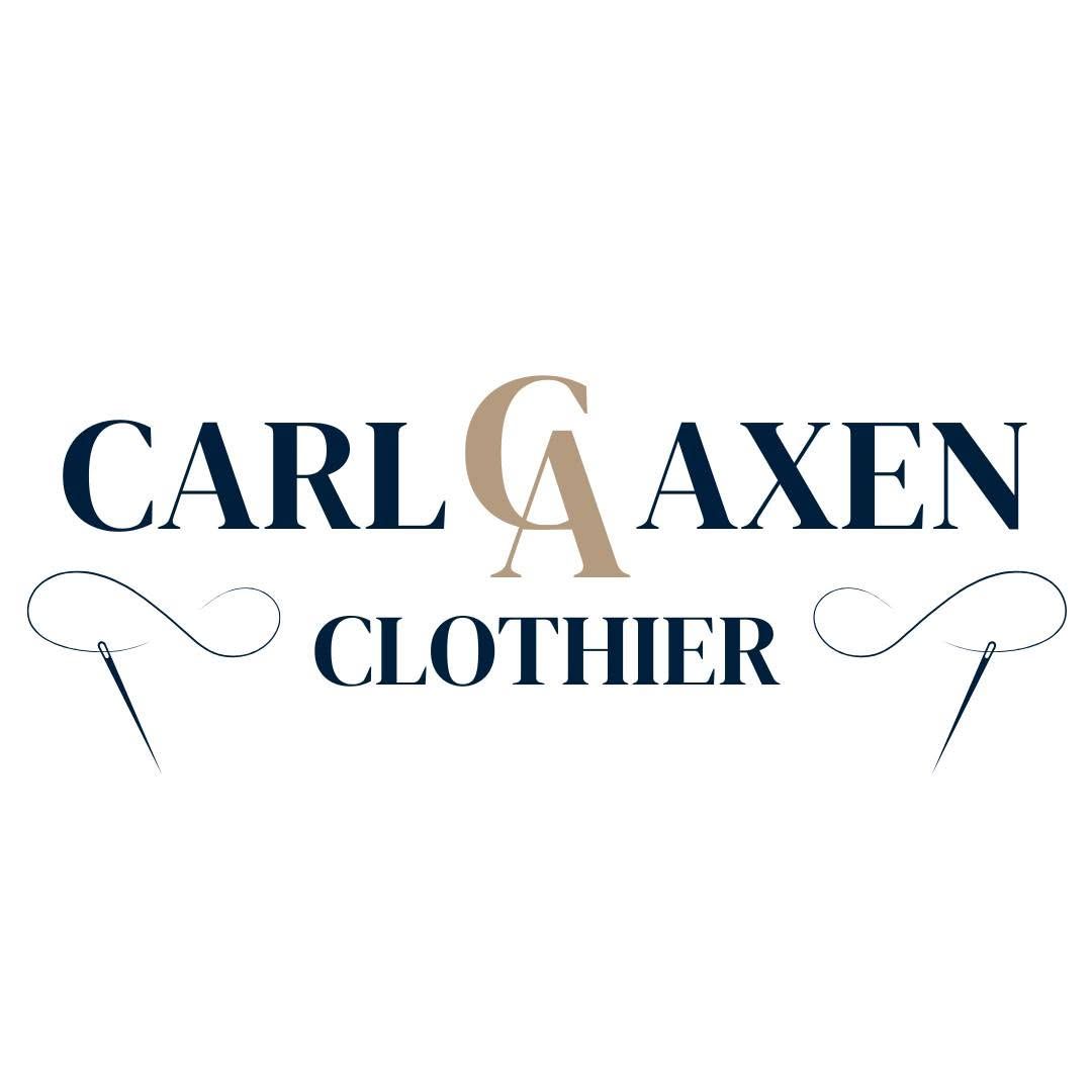 Carl Axen Clothier logo featuring navy blue serif text with an elegant gold monogram CA emblem and decorative needle accents.