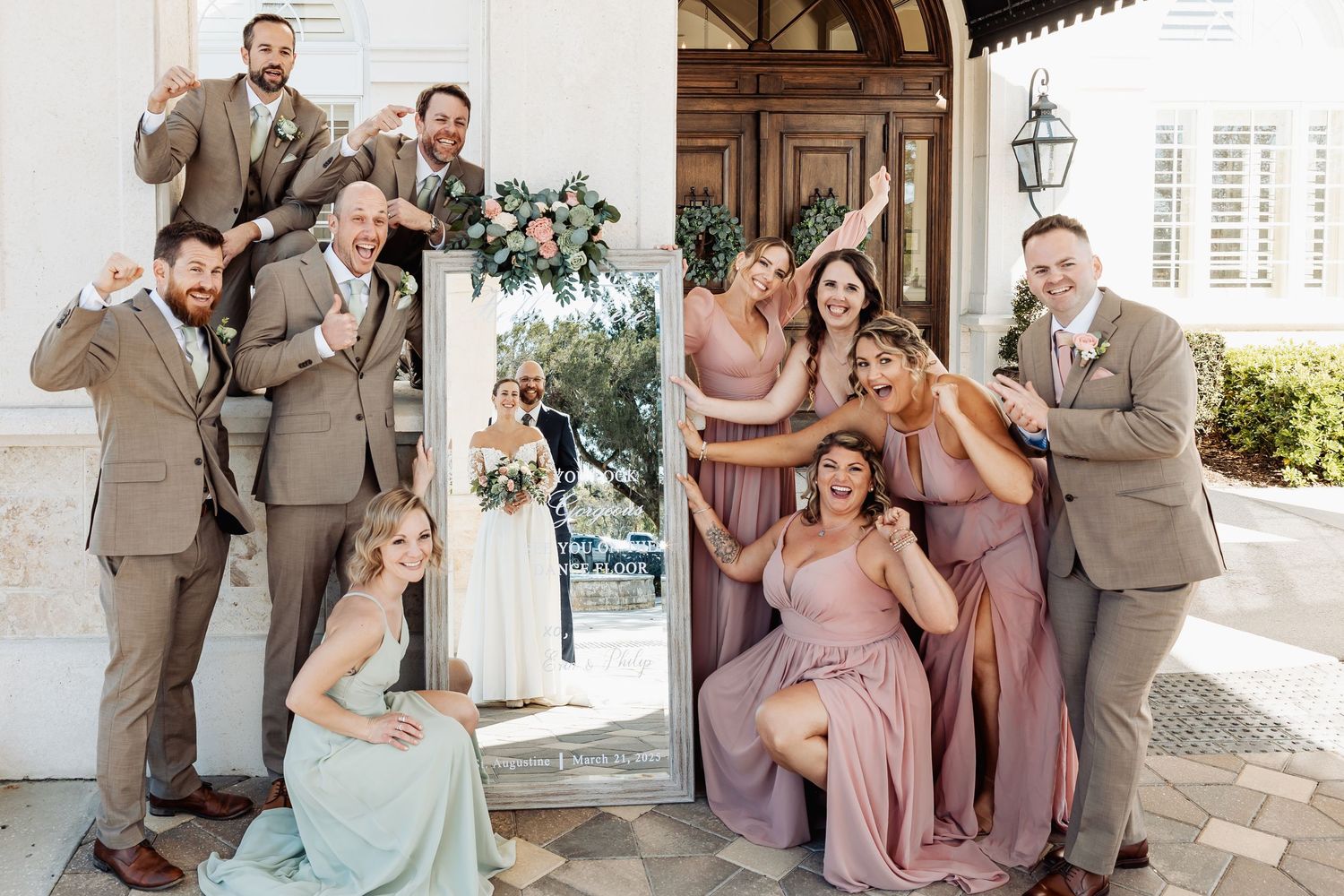 Fun split photo of bridesmaids in pink and sage dresses with groomsmen in tan suits posing.