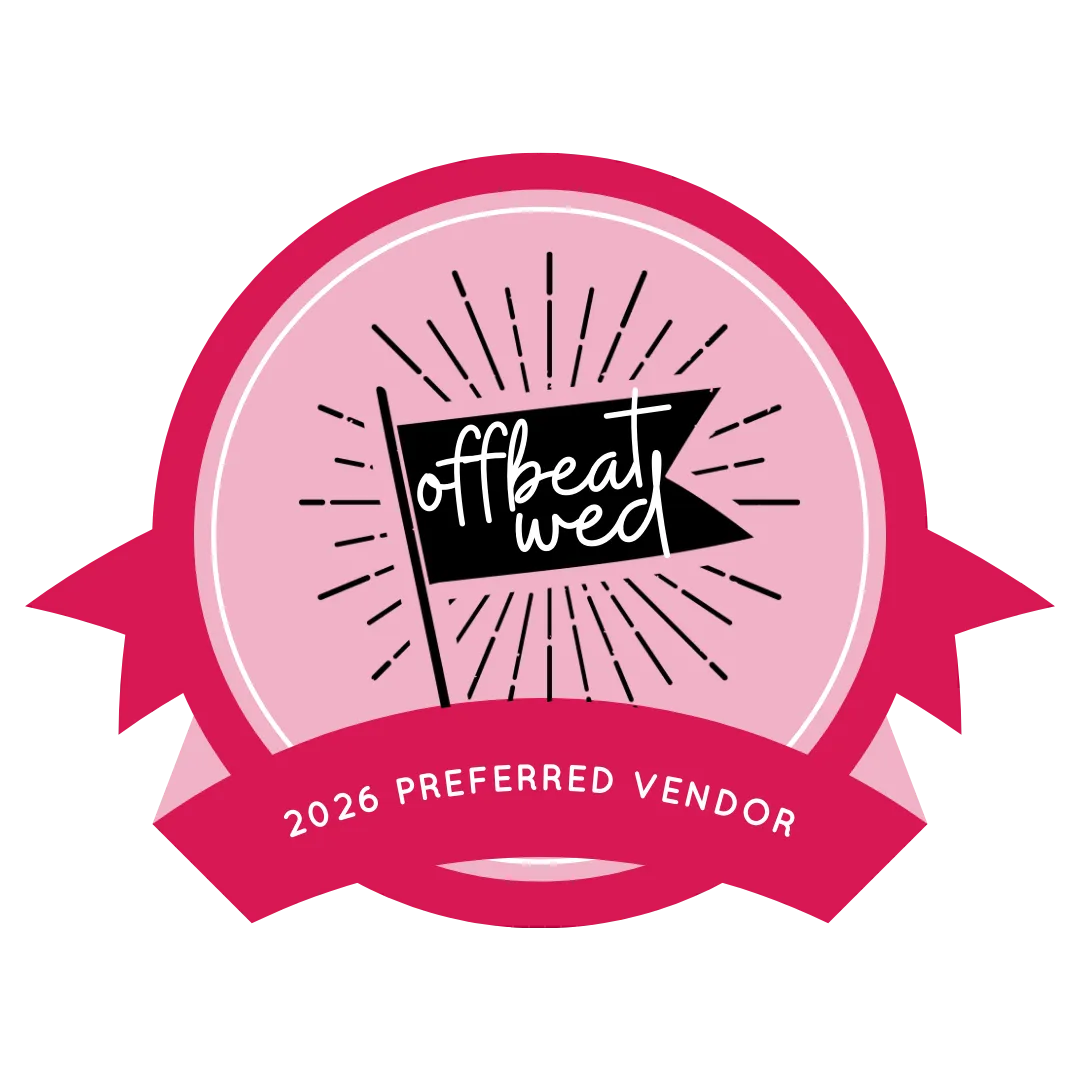 Offbeat Wed 2026 Preferred Vendor pink badge with flag logo and decorative ribbon design.