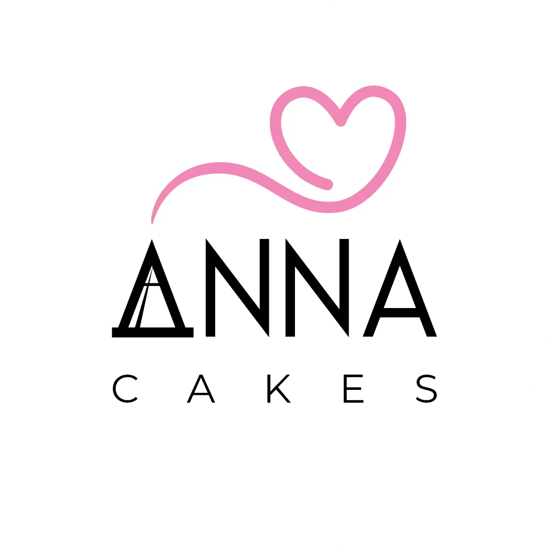 Anna Cakes bakery logo featuring a pink heart and elegant black typography on white background.
