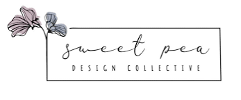Sweet Pea Design Collective logo featuring elegant script font and delicate floral illustration in soft pink and blue tones.