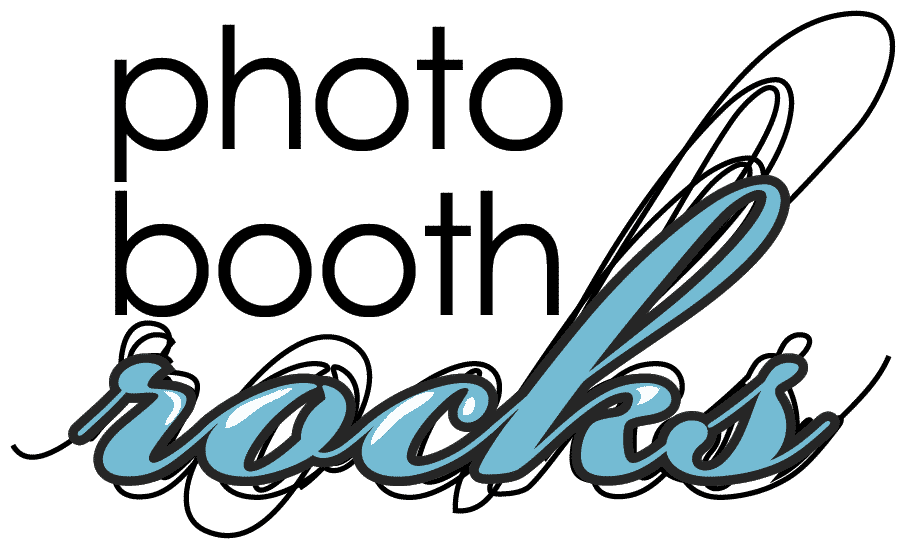 Photo Booth Rocks logo featuring bold black text with stylish blue cursive lettering on a white background.