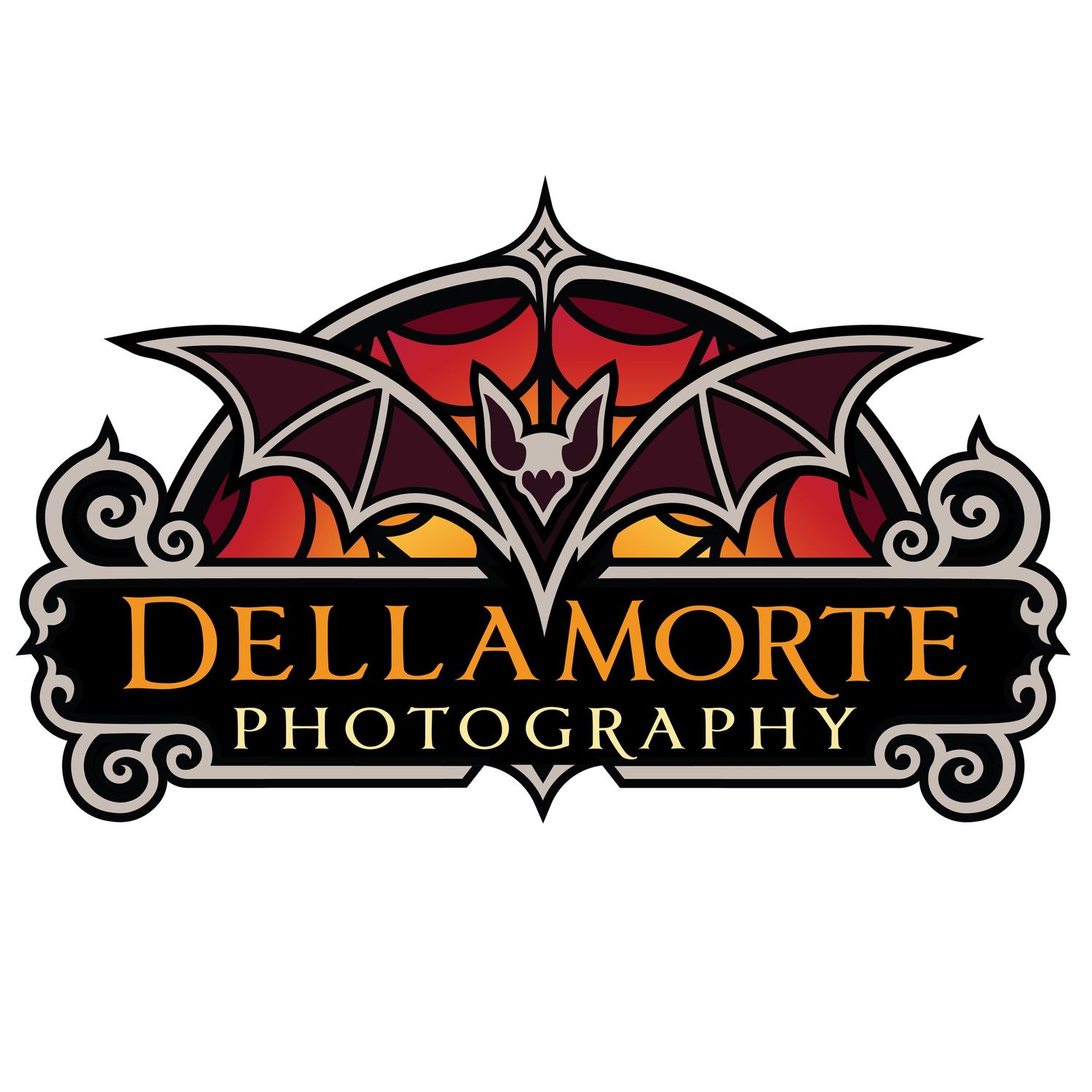 Dellamorte Photography logo featuring a gothic bat design with dark red and orange tones on a decorative emblem.