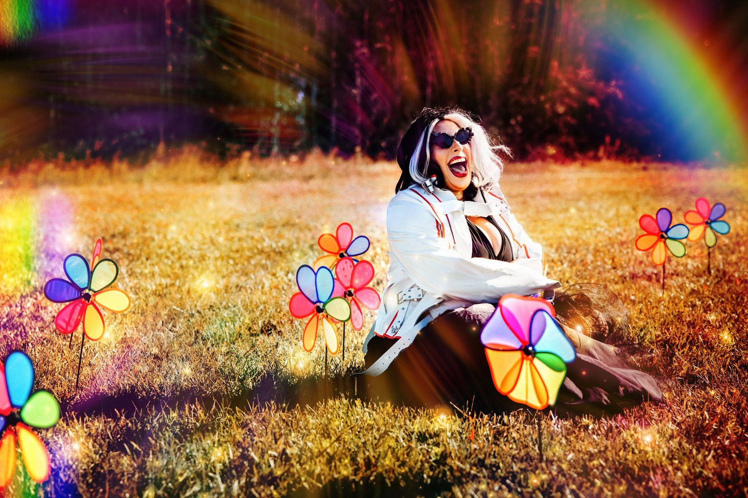 Woman in white jacket sits laughing in colorful field with rainbow and pinwheel decorations.