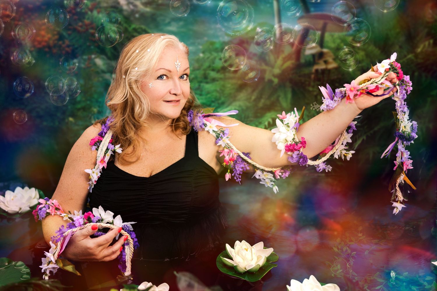 Smiling blonde woman in black top holds a garland of colorful flowers near a lily pond backdrop.