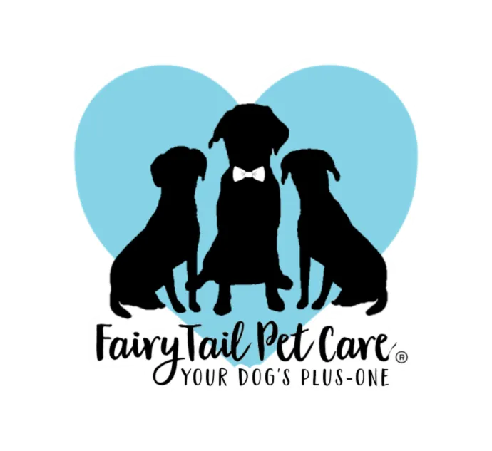 FairyTail Pet Care logo featuring three dog silhouettes on a blue heart with the tagline Your Dog's Plus-One.