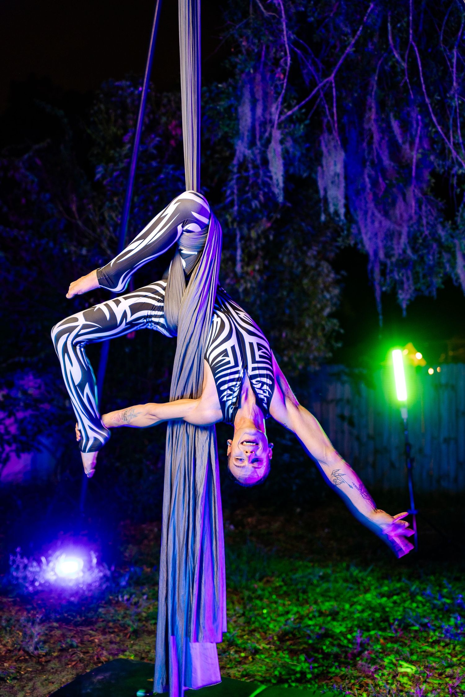 Aerial performer in black and white costume hangs upside down on silks under colorful purple stage lighting.