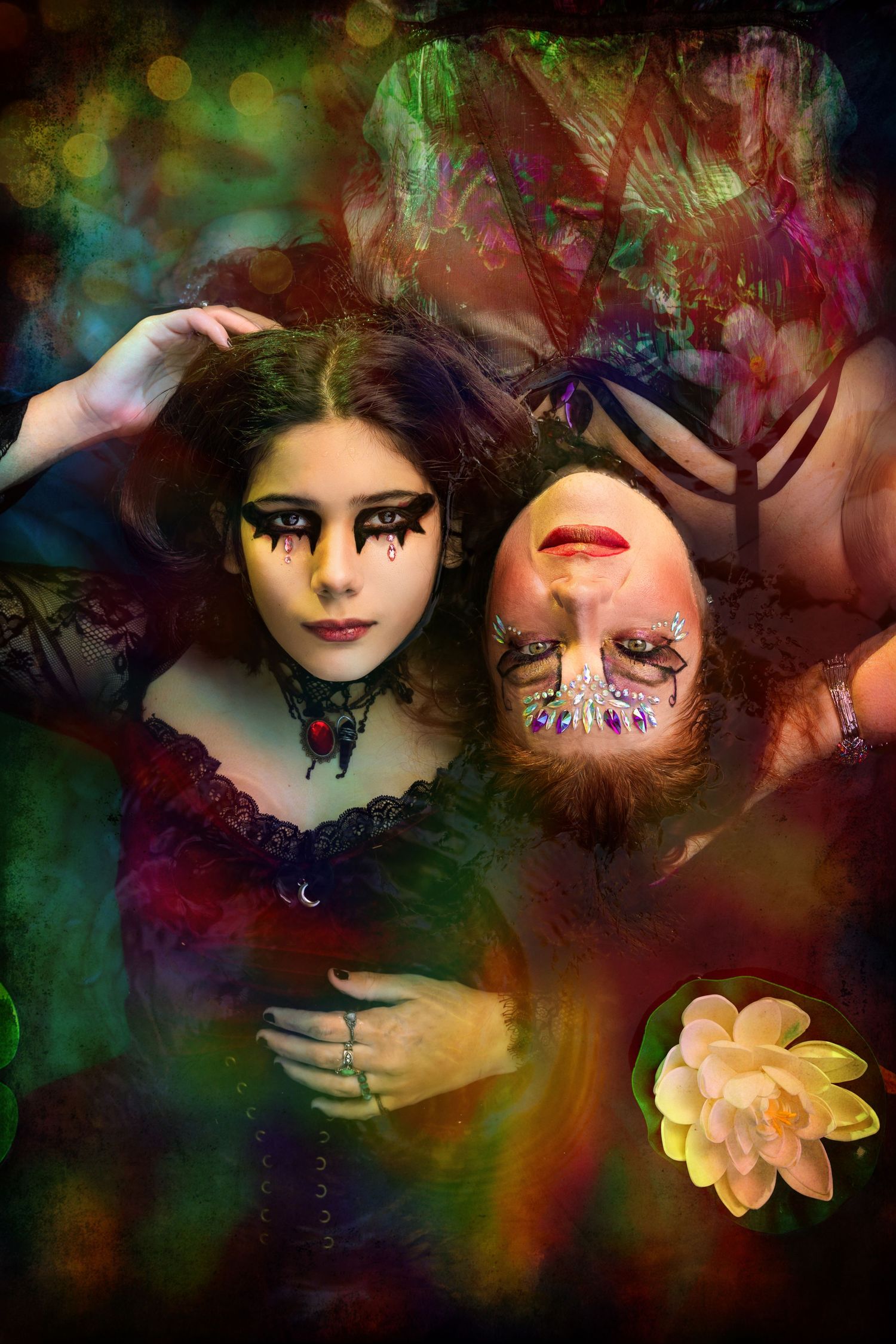 Two women with dramatic fantasy makeup lie together in colorful mystical artistic portrait photography.