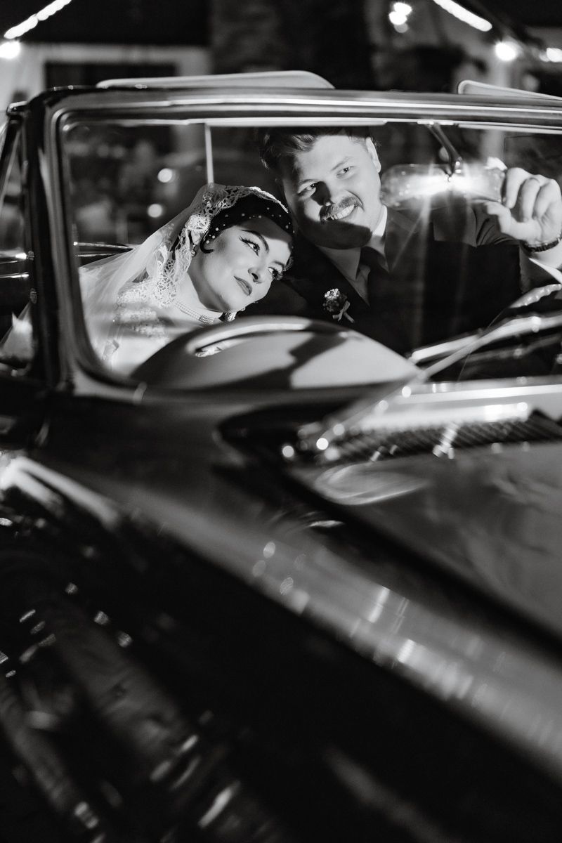 A black and white photo series showing someone through a car window in dramatic noir style lighting.