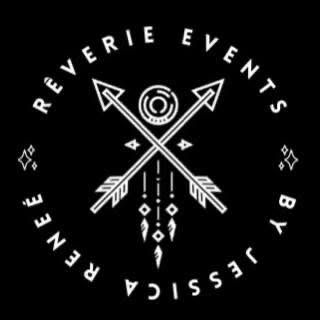 Circular black logo for Reverie Events by Jessica Renee featuring crossed arrows and geometric boho design in white.