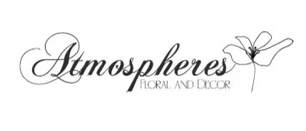 Atmospheres Floral and Decor logo with elegant script font and delicate flower illustration.