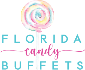 Florida Candy Buffets logo featuring a colorful watercolor lollipop above teal and pink typography.