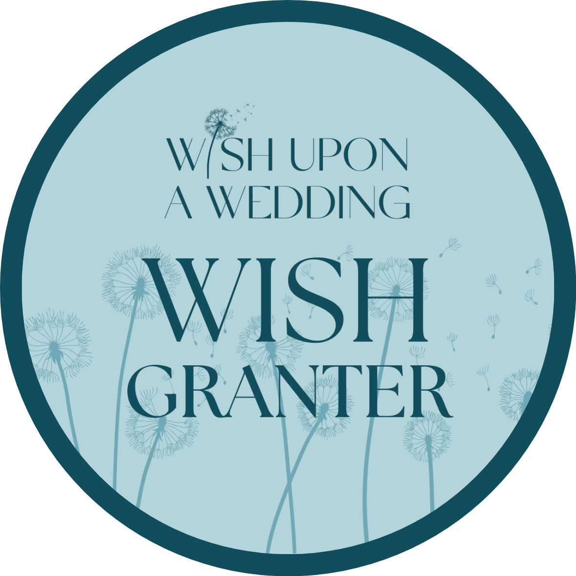 Wish Upon a Wedding wish granter circular badge in teal with dandelion illustrations.