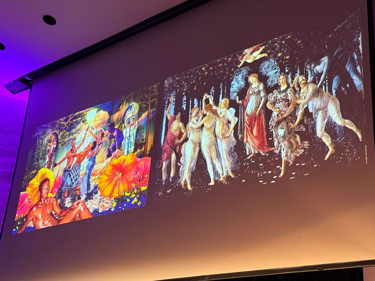 A colorful mural stretches across a wall showing vibrant scenes with multiple figures in an artistic display.