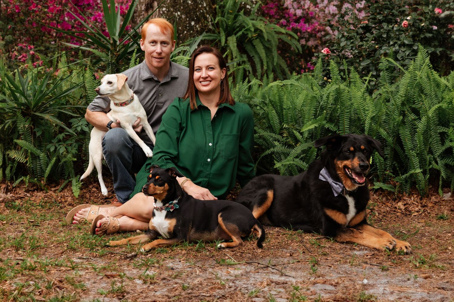 Couple sitting outdoors with three dogs, including a white dog and two Rottweilers, surrounded by lush green ferns.