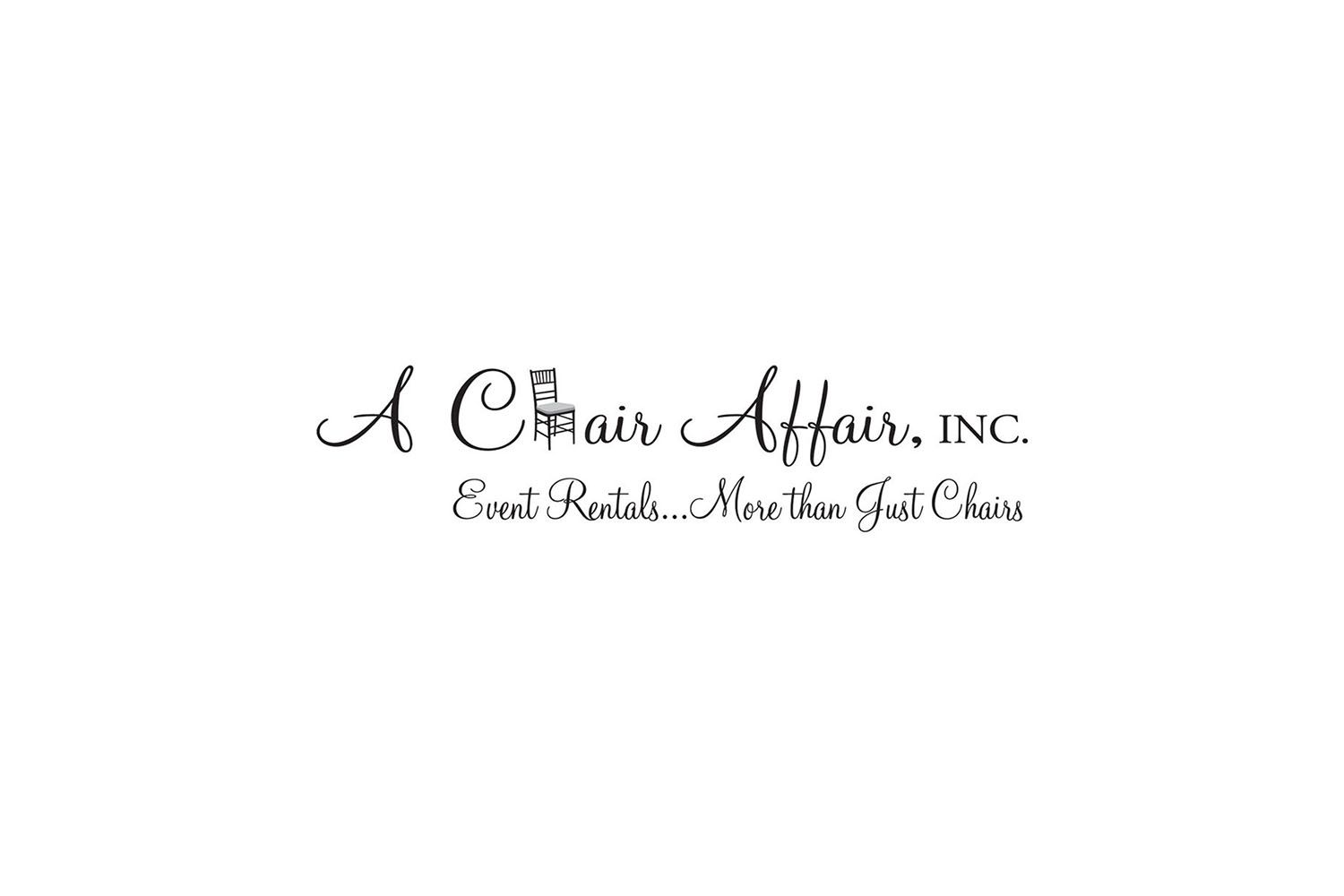 Logo for A Chair Affair Inc., an event rentals company, displayed in elegant script on a white background.