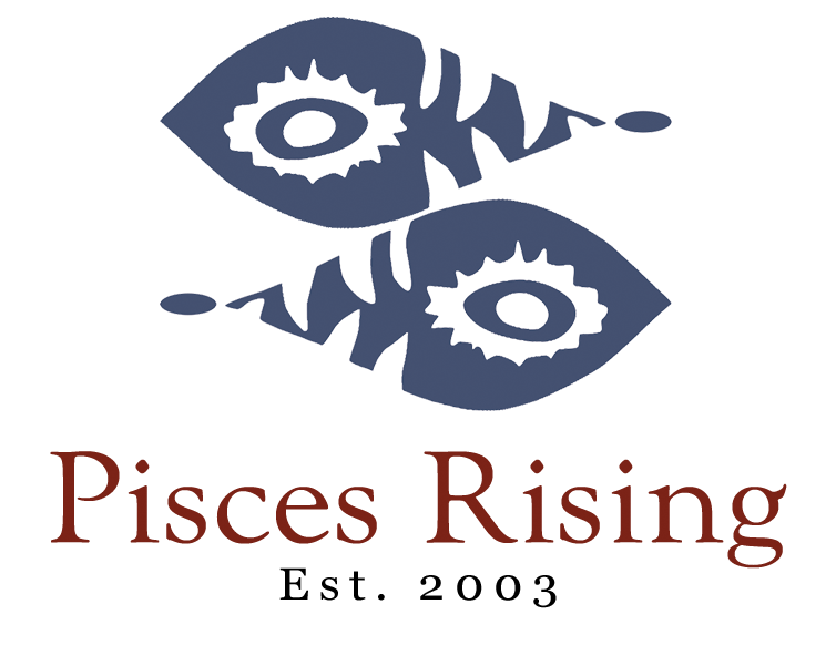 Pisces Rising logo featuring two decorative fish forming an eye shape, established 2003, in navy blue and red.