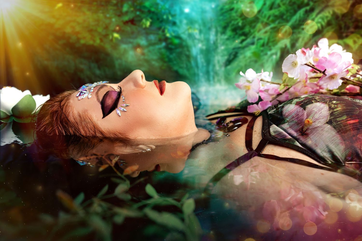 Woman with jeweled eye makeup floats peacefully in water surrounded by pink cherry blossoms.