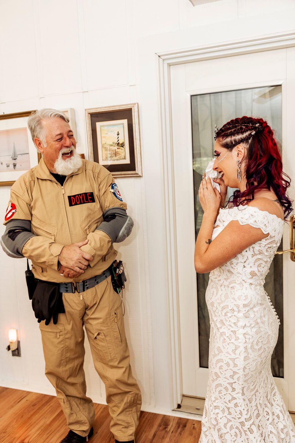 A heartwarming moment shared between people during wedding preparations.