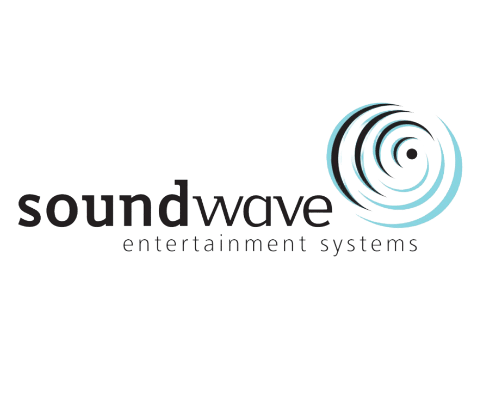 Soundwave Entertainment Systems logo with modern typography and teal sound wave graphic icon on white background.