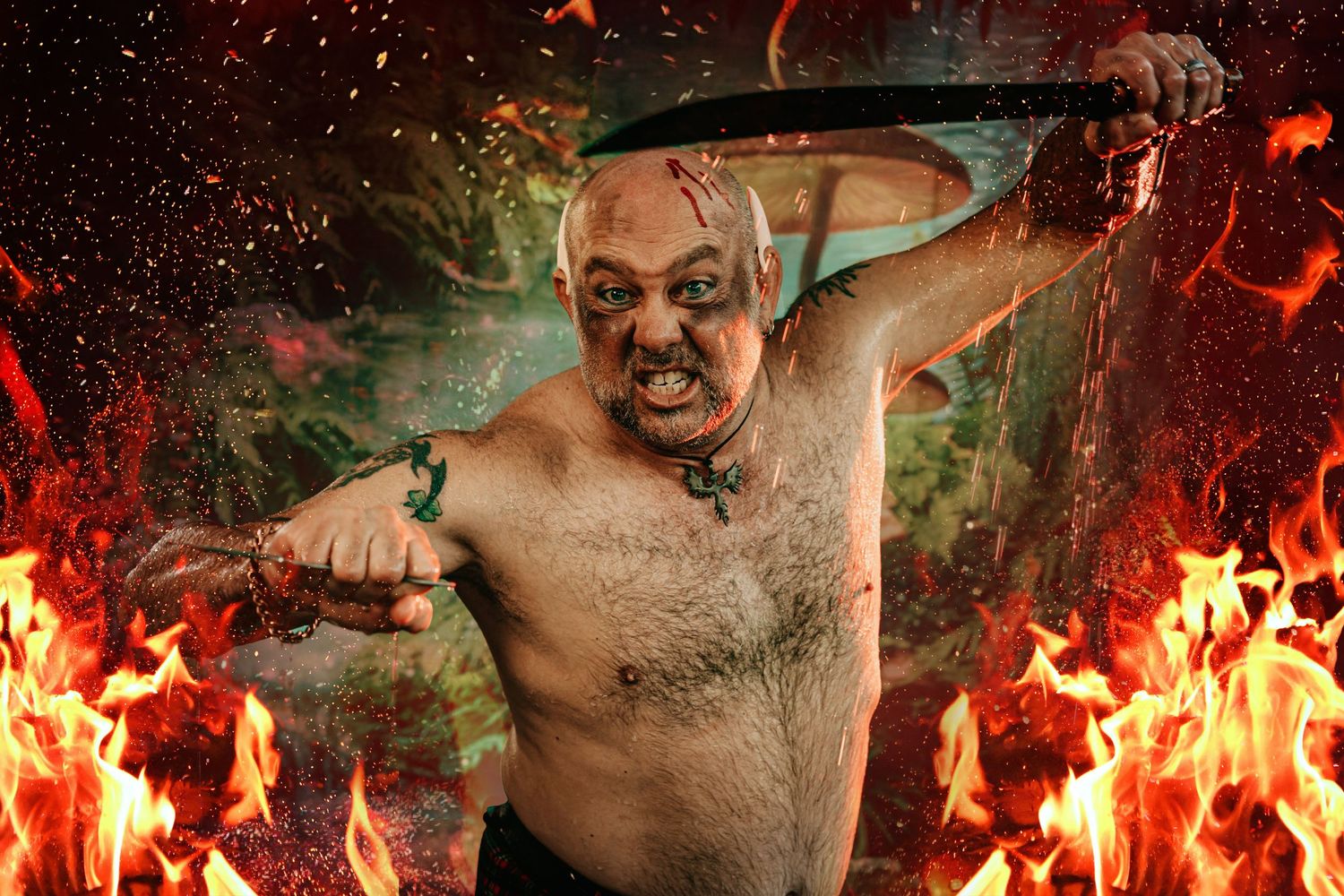 Shirtless man wielding machete surrounded by flames in dramatic fantasy jungle warrior scene.
