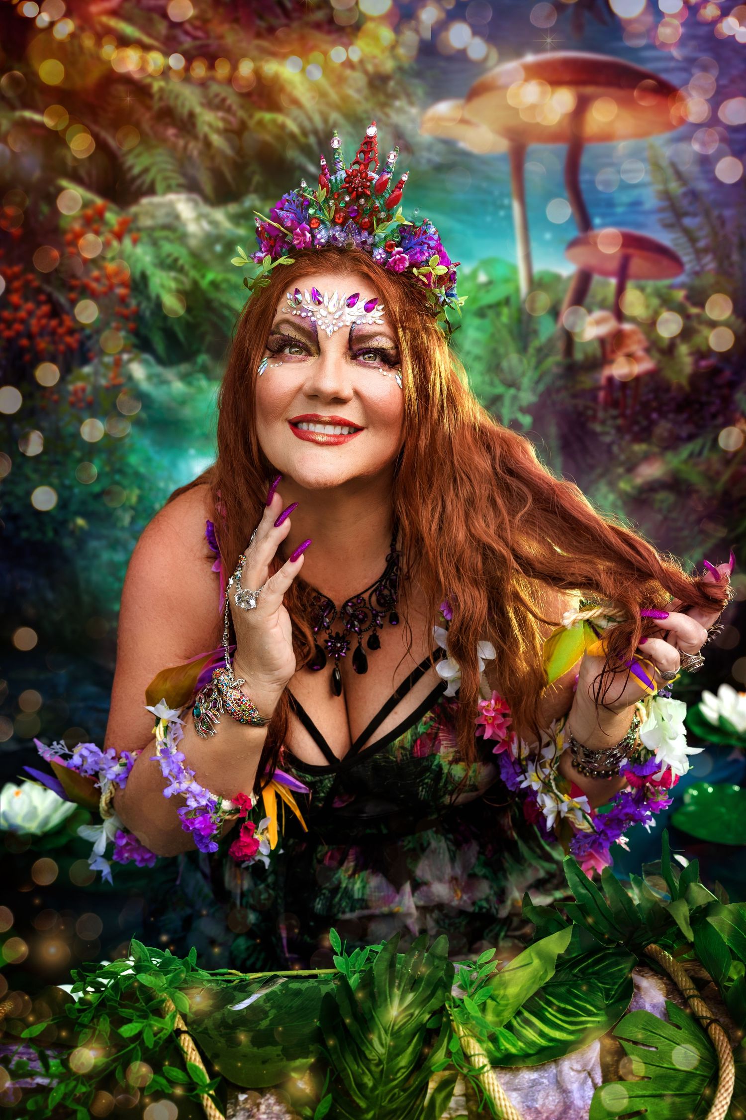 A woman in fairy costume with floral crown and jeweled makeup poses in enchanted forest fantasy setting.