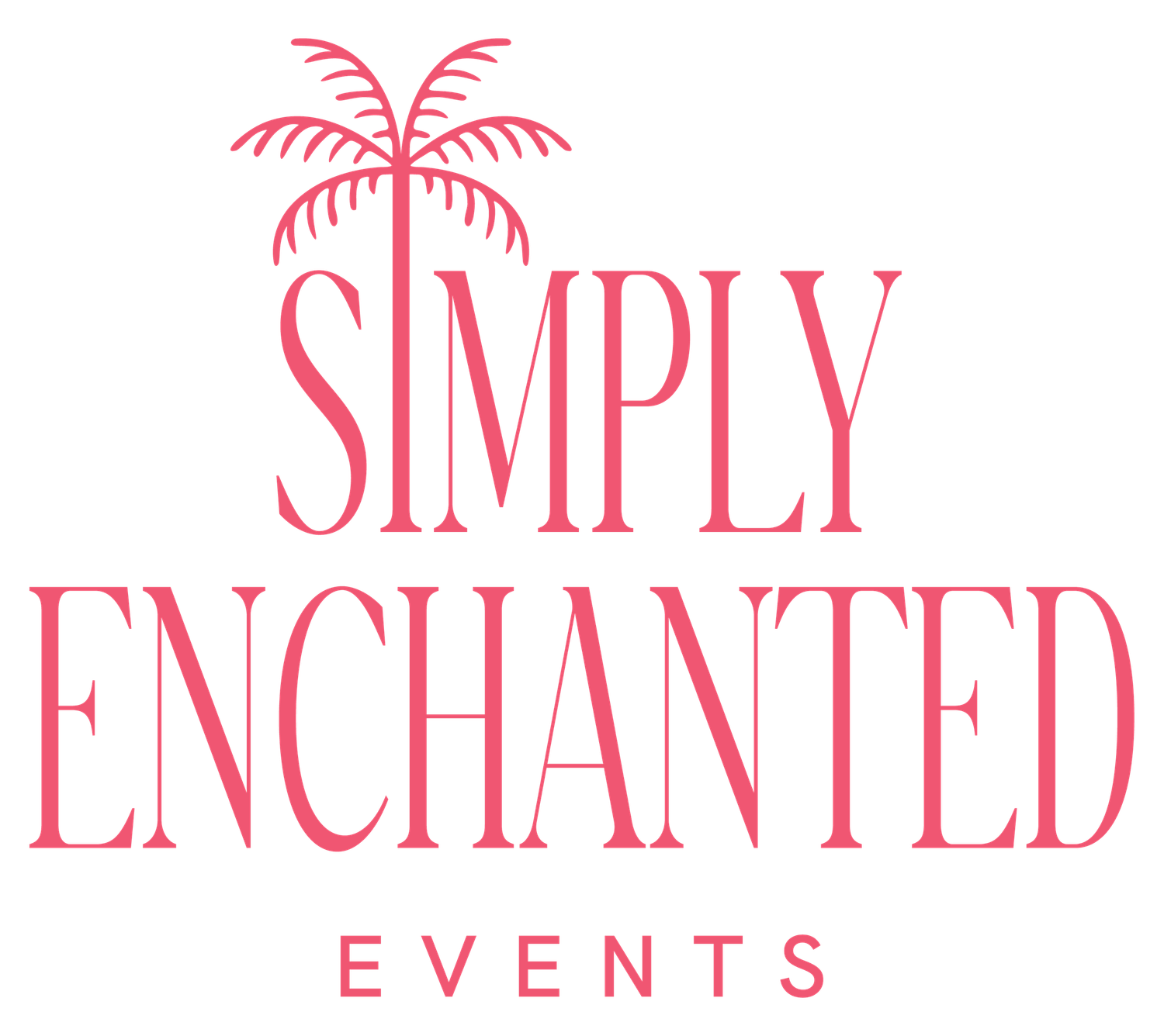 Simply Enchanted Events logo featuring pink script text and a decorative palm tree illustration on white background.