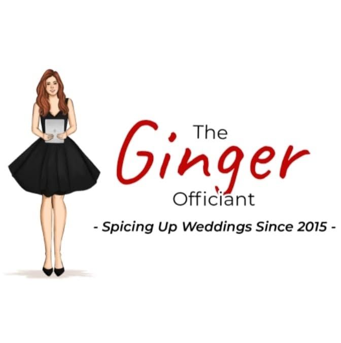 The Ginger Officiant logo featuring a redhead woman in black dress, spicing up weddings since 2015.