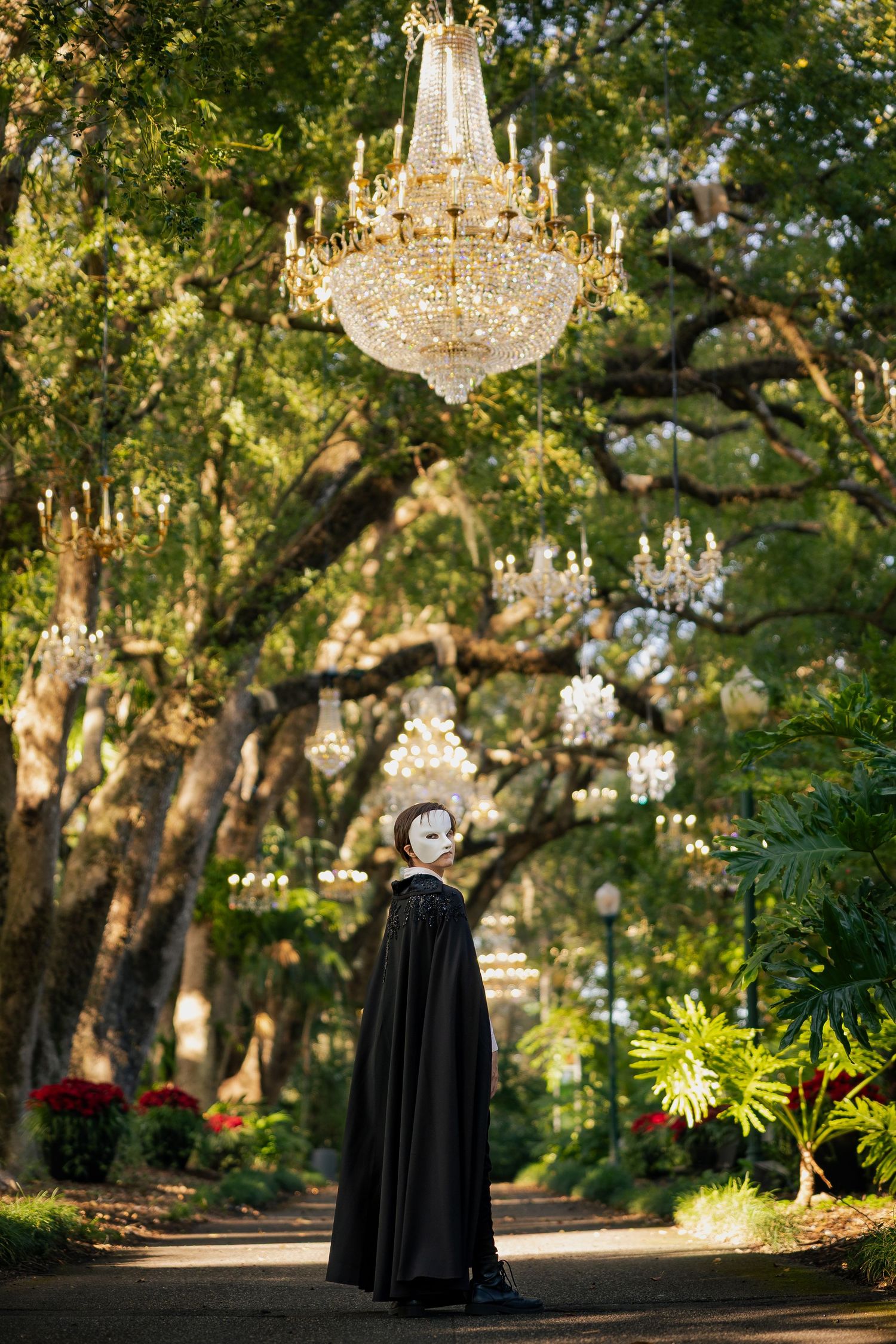 Masked figure in black cape gazes at crystal chandeliers hanging from oak trees in an enchanting outdoor setting.