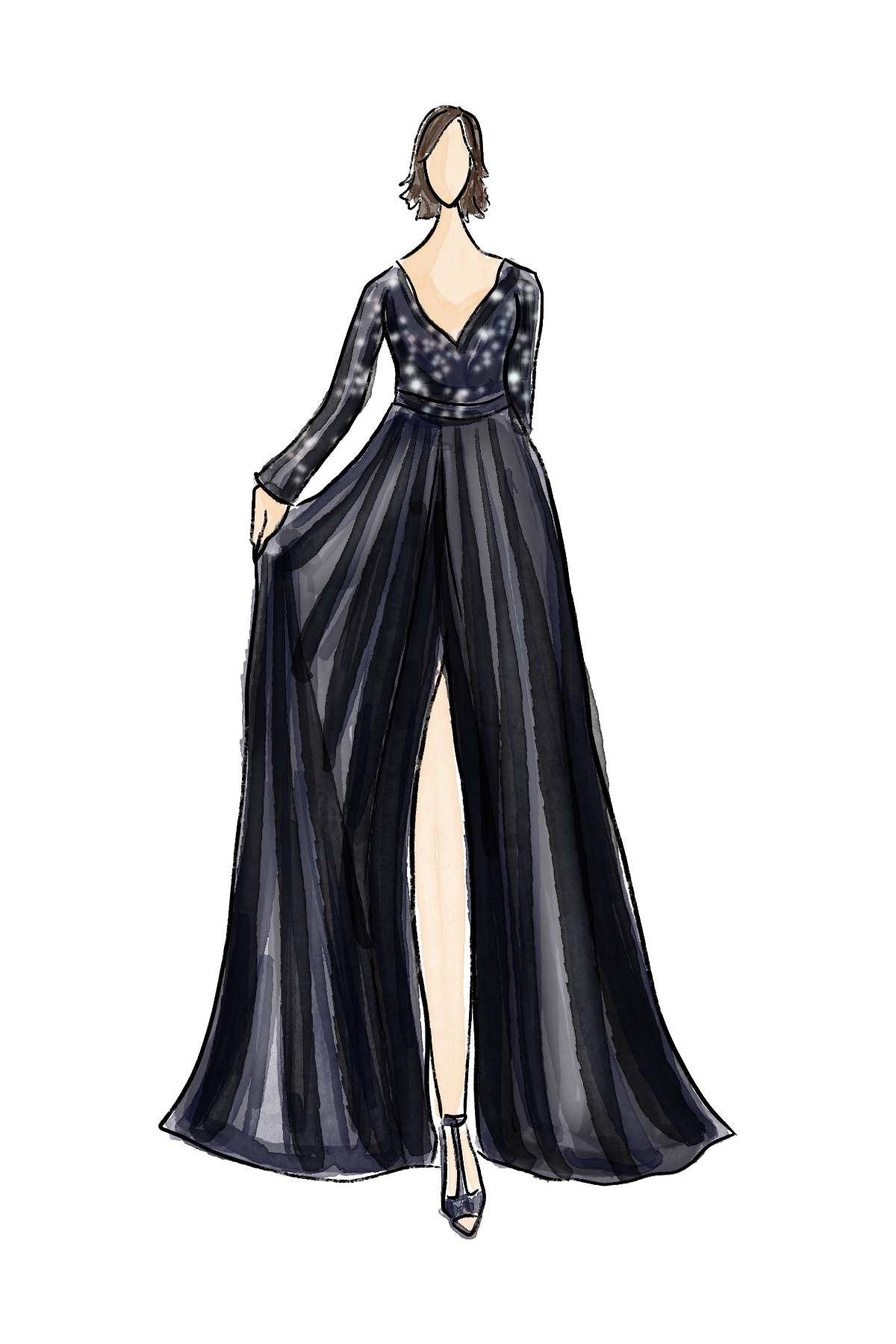 Fashion illustration of a woman in a black V-neck gown with long sleeves, star embroidery, and a flowing skirt with front slit.