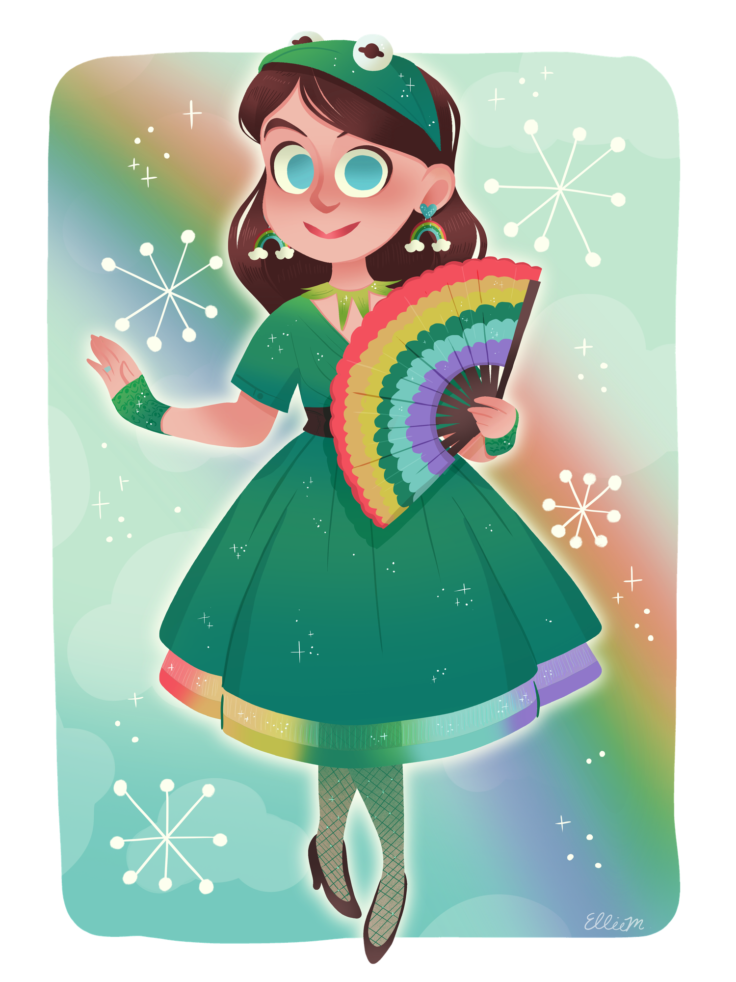 Illustrated cartoon girl in green dress holding rainbow fan with sparkles on colorful pastel background.
