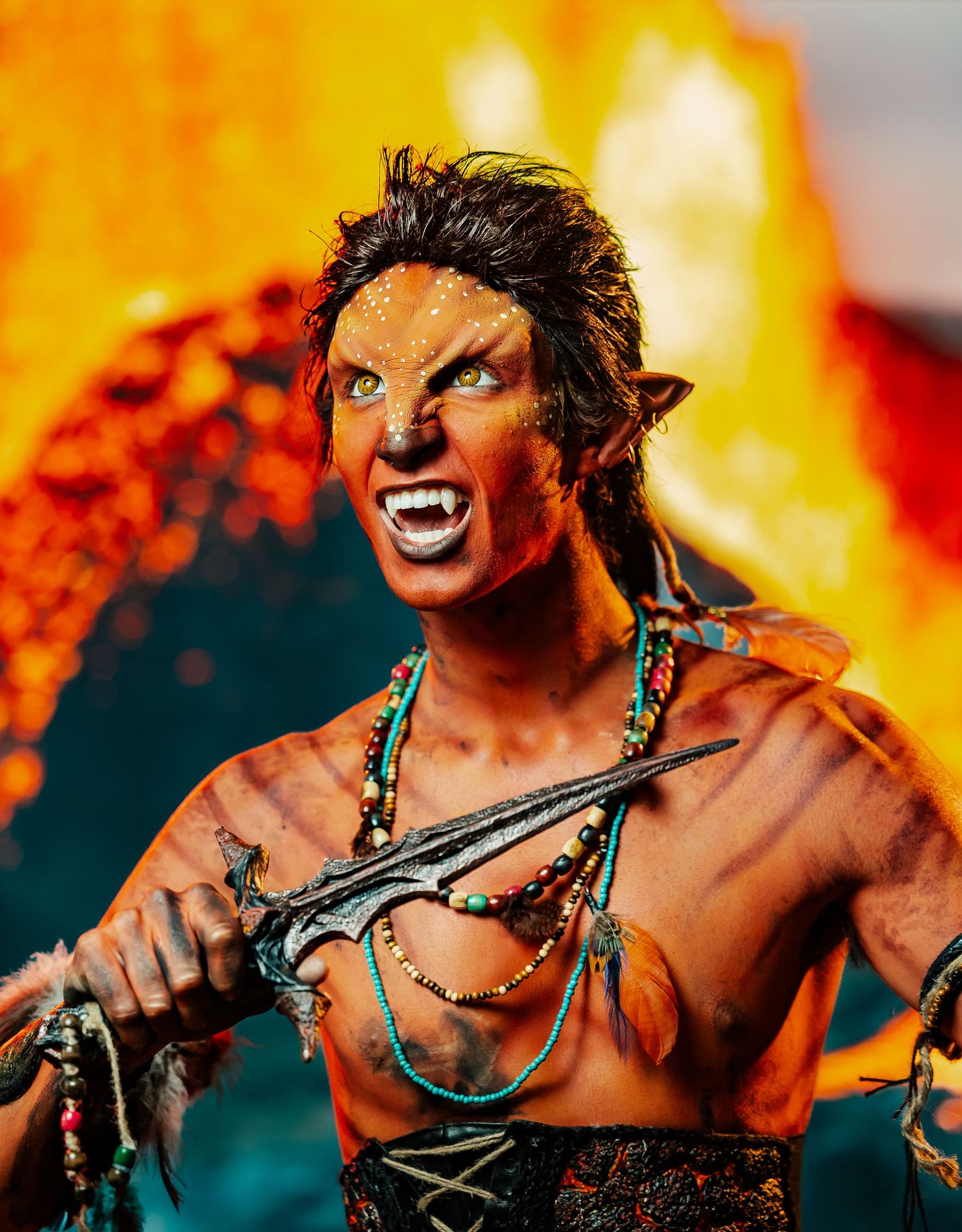 Dramatic fantasy character portrait with fierce expression against fiery background.