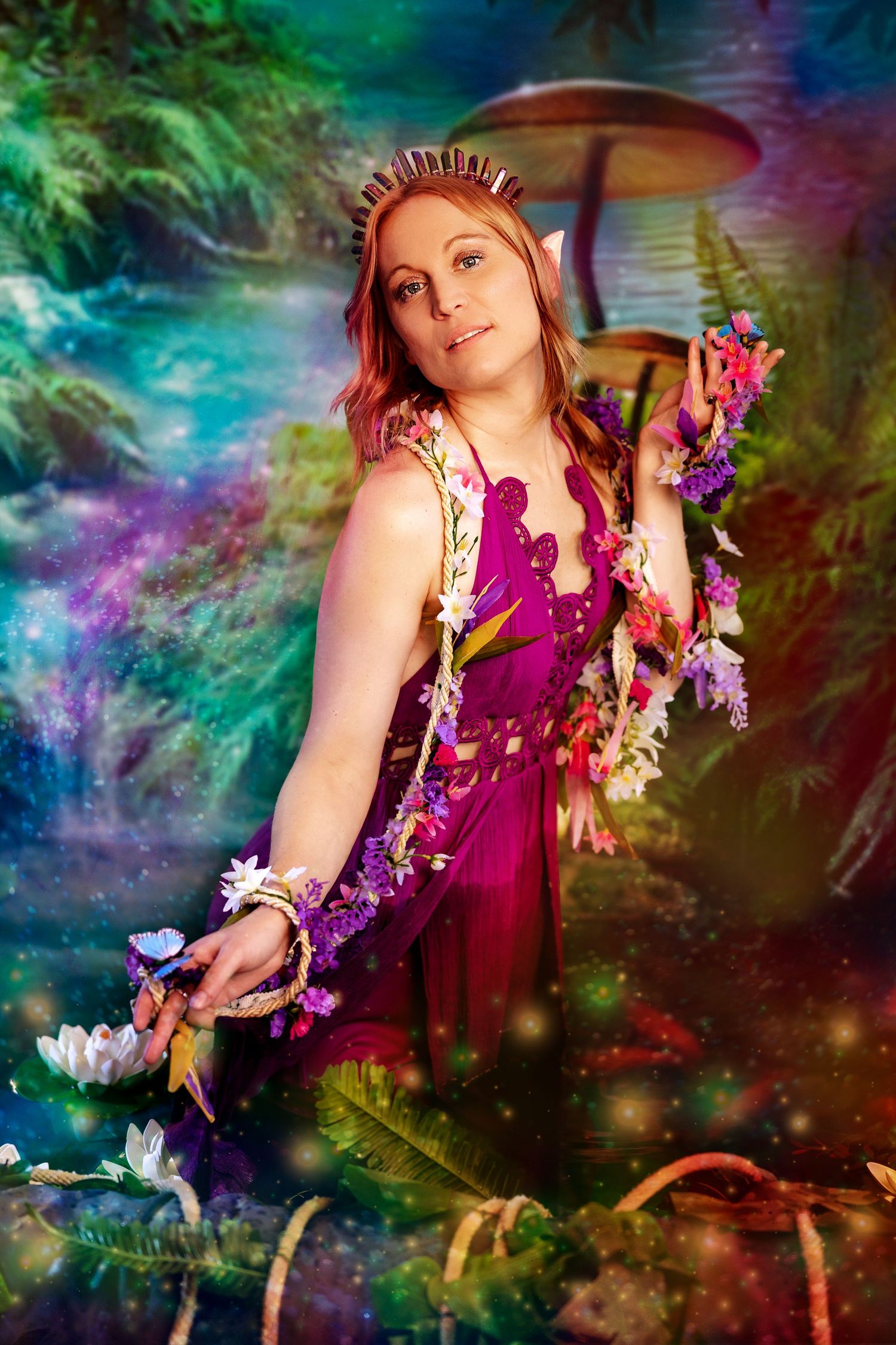 Woman in purple dress with elf ears and floral garland poses in magical mushroom forest setting.