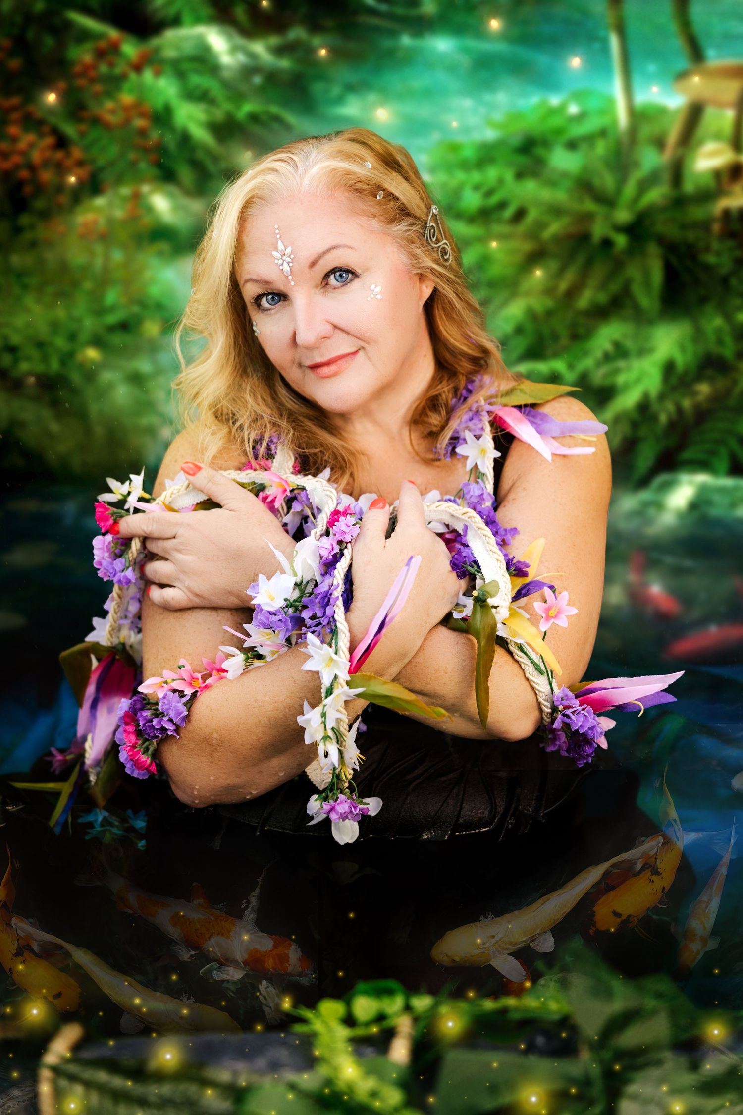 A smiling blonde woman adorned with colorful flowers poses in a magical koi pond surrounded by lush greenery.
