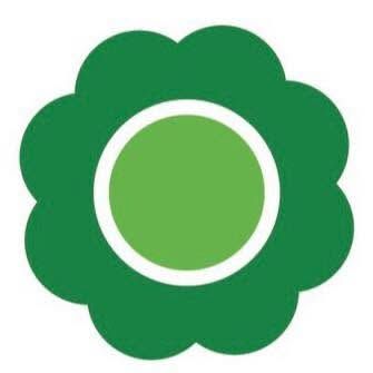 Green flower logo with dark green petals and a light green circle center on white background.