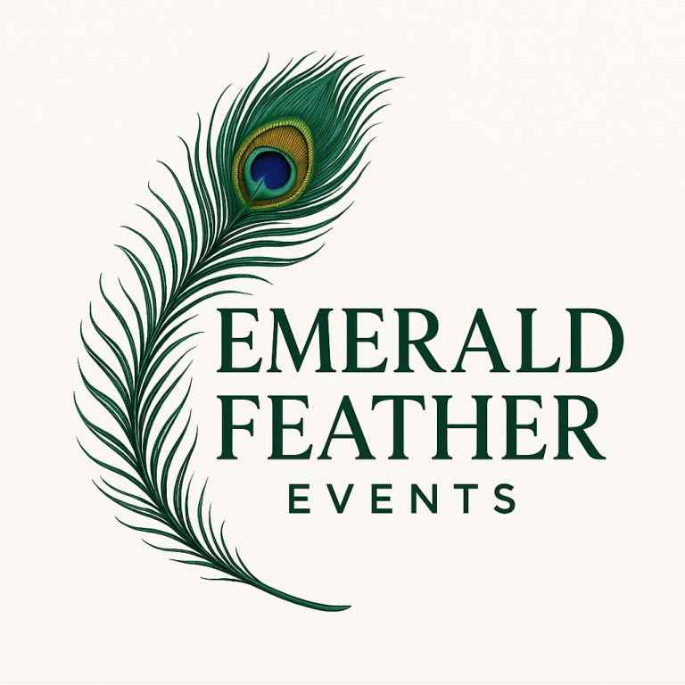 Emerald Feather Events logo featuring a elegant green peacock feather beside bold dark green serif typography on cream background.
