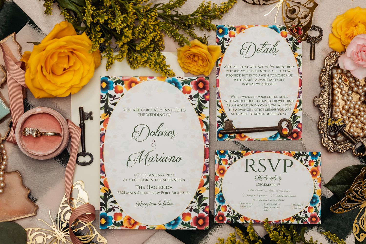Colorful floral wedding invitation suite for Dolores and Mariano with yellow roses and keys.