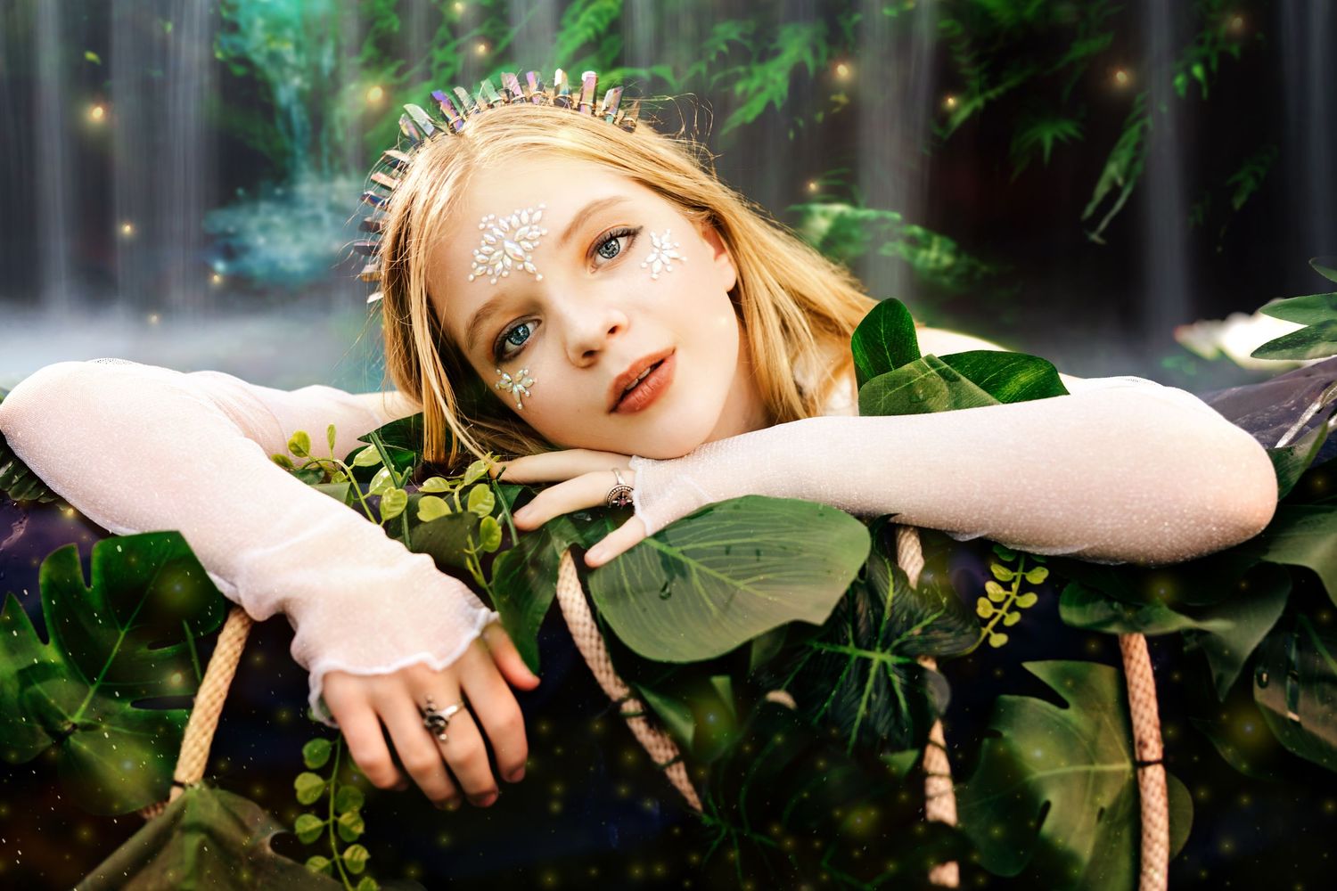 A young blonde girl wearing a crystal crown rests her chin on her arms among lush green tropical leaves.