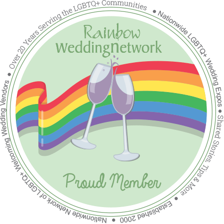 Rainbow Wedding Network proud member badge featuring rainbow, champagne glasses, and LGBTQ+ community text border.