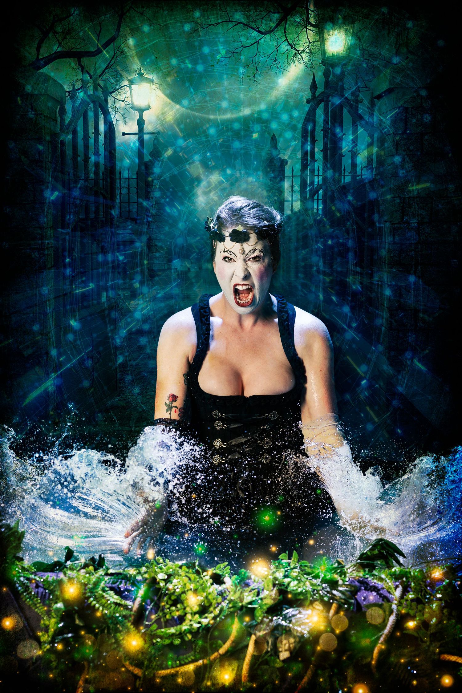 Dramatic woman in black corset with white face paint emerging from splashing water in mystical night scene.