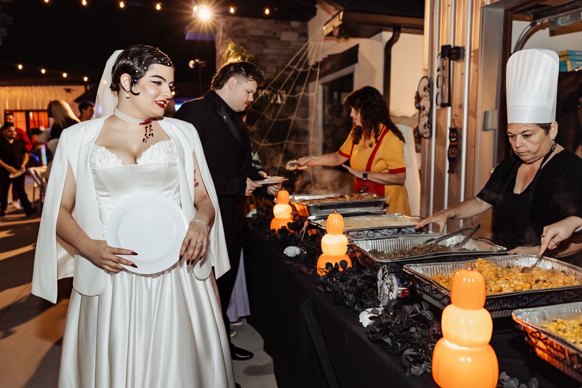 A collection of candid moments from a wedding reception showing guests enjoying food and dancing in an indoor venue.