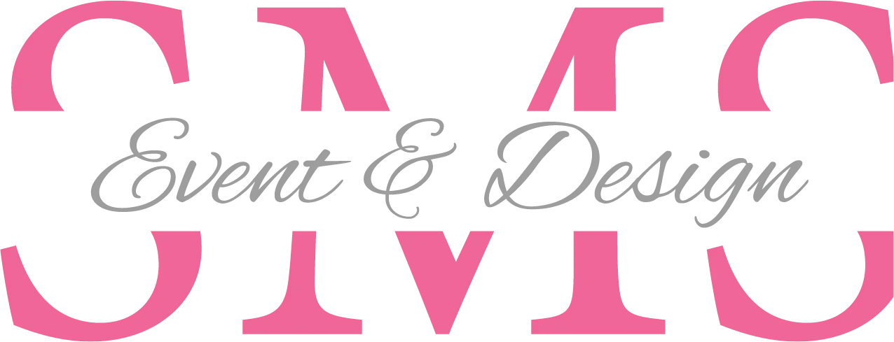 SMS Event & Design logo featuring pink monogram letters and elegant gray script text on white background.
