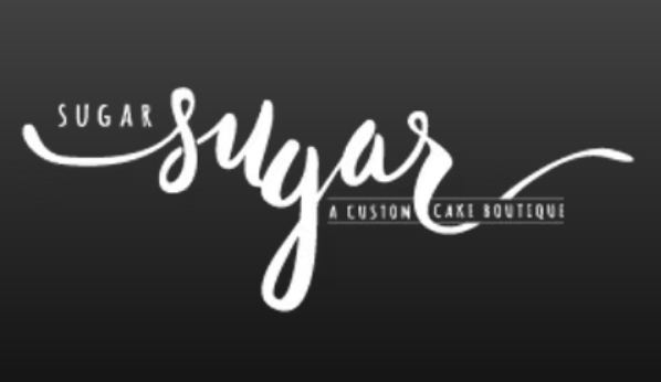 Sugar Sugar custom cake boutique logo in elegant white script on dark background.